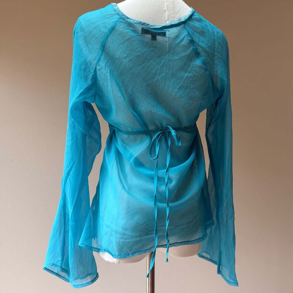 Vintage Y2K Turquoise Sheer Embroidered Bell Sleeve Tunic Top - Picture 4 of 12